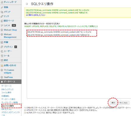 WP-dbmanagerのSQL操作画面